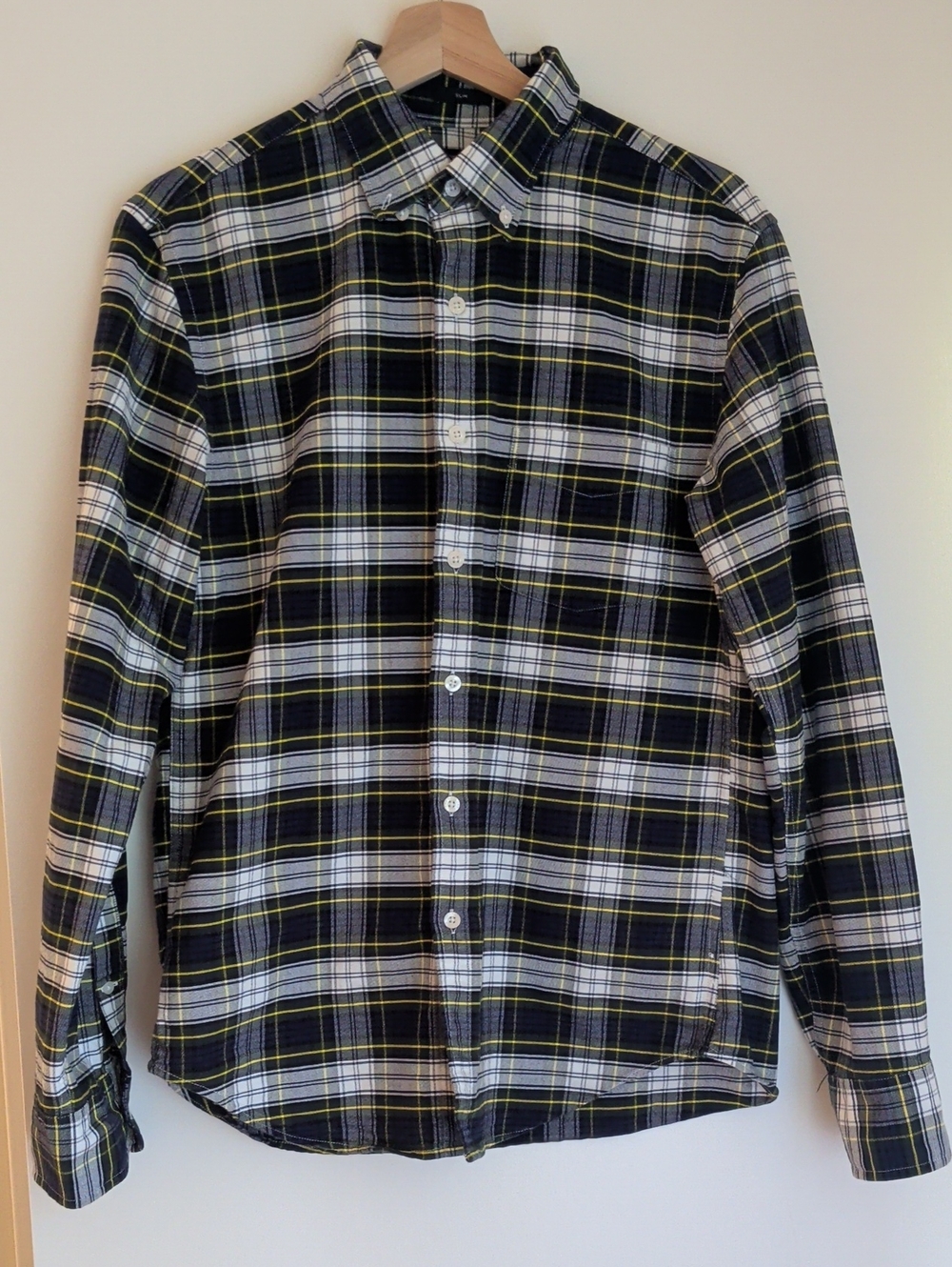 J.Crew 100% Cotton Plaid Button-Down Shirt - Black & White with Yellow Accent
